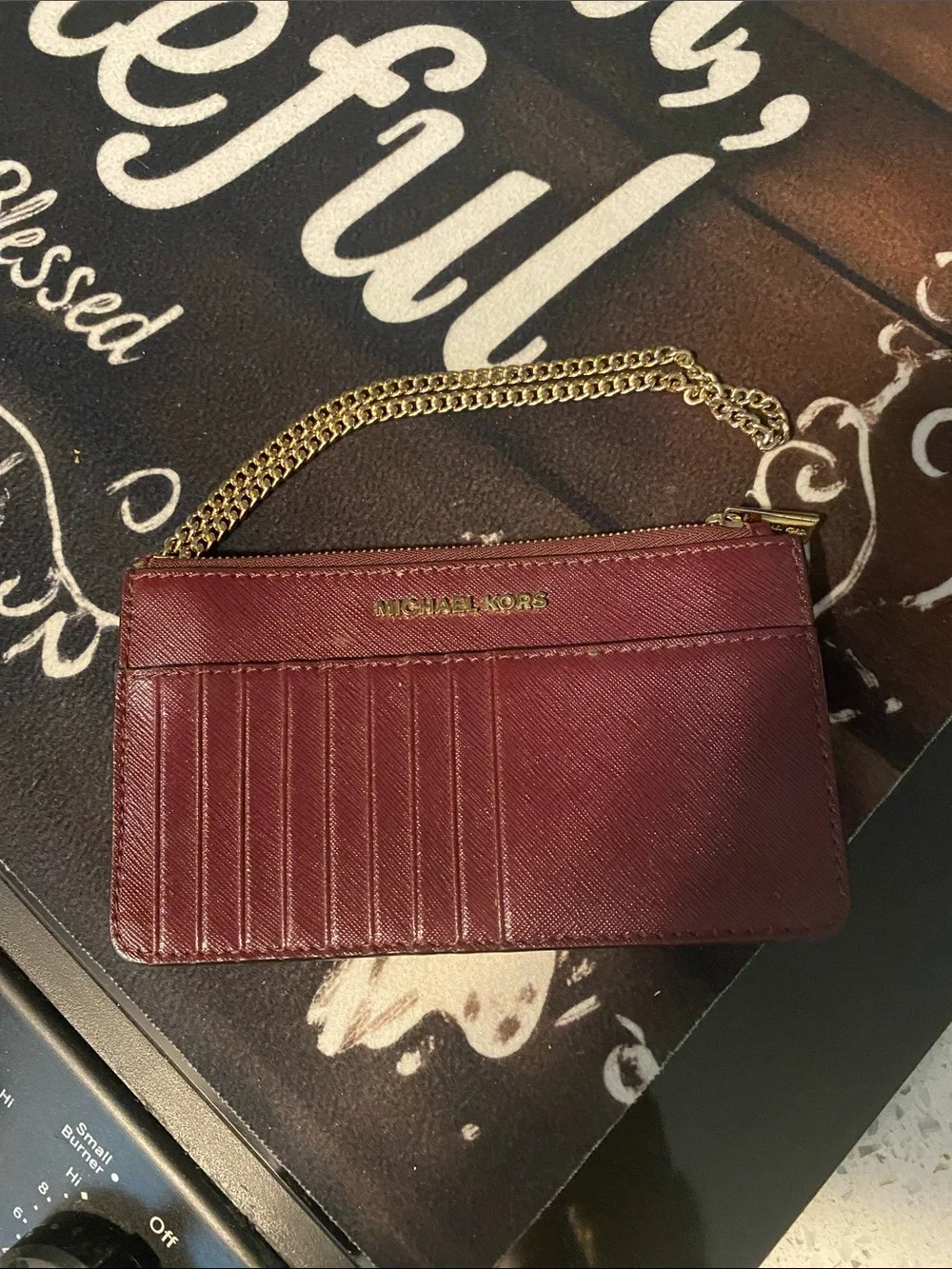 Michael Kors Wine Red Card Case Wristlet with Gold Chain